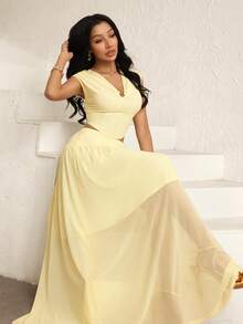 Modelyn Elegant Millet Yellow New Slim-Fit Crop Top With Elastic Waist Ruched Skirt, Spring/Summer - Yellow - View 7