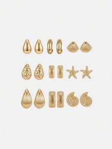 Lumivelle 6/18pcs Fashionable New Starfish, Seashell, Smooth Water Drop & Dimpled C-Shape Gold Earrings & Studs Set, Suitable For Summer Travel & Vacation - Gold - View 1