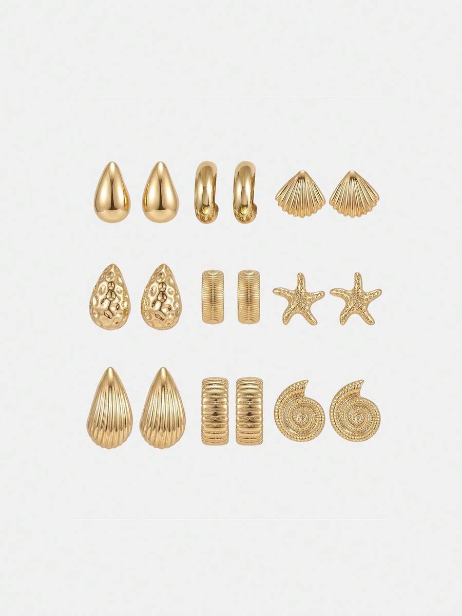 Lumivelle 6/18pcs Fashionable New Starfish, Seashell, Smooth Water Drop & Dimpled C-Shape Gold Earrings & Studs Set, Suitable For Summer Travel & Vacation - Gold - View 1