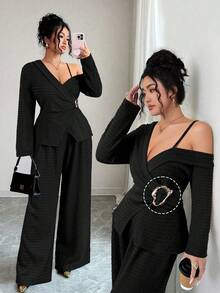 Elenzga 大码女式法式休闲优雅长袖上衣和裤子两件套，秋冬款 - 黑色 - 查看 5