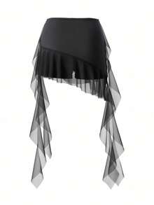SHEIN PETITE Women's Mesh Ruffle Hem Versatile Date Night Outing Mini Skirt - Black - View 2