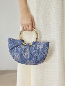 MOTF PREMIUM BOLSO DE MANO PARA MUJER, BOLSO DE TOTE SEMI-REDONDO CON BORDADO DELICADO - Celeste - Ver 6
