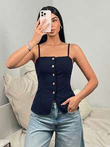 Top Casual de Tirantes Finos, Detalle de Botones Frontales, Cómodo y Elegante - Azul Marino - Ver 1