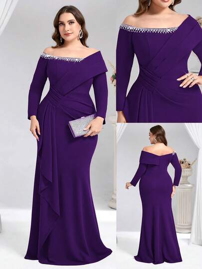 Coutiva 大码优雅水晶装饰露肩正式晚礼服