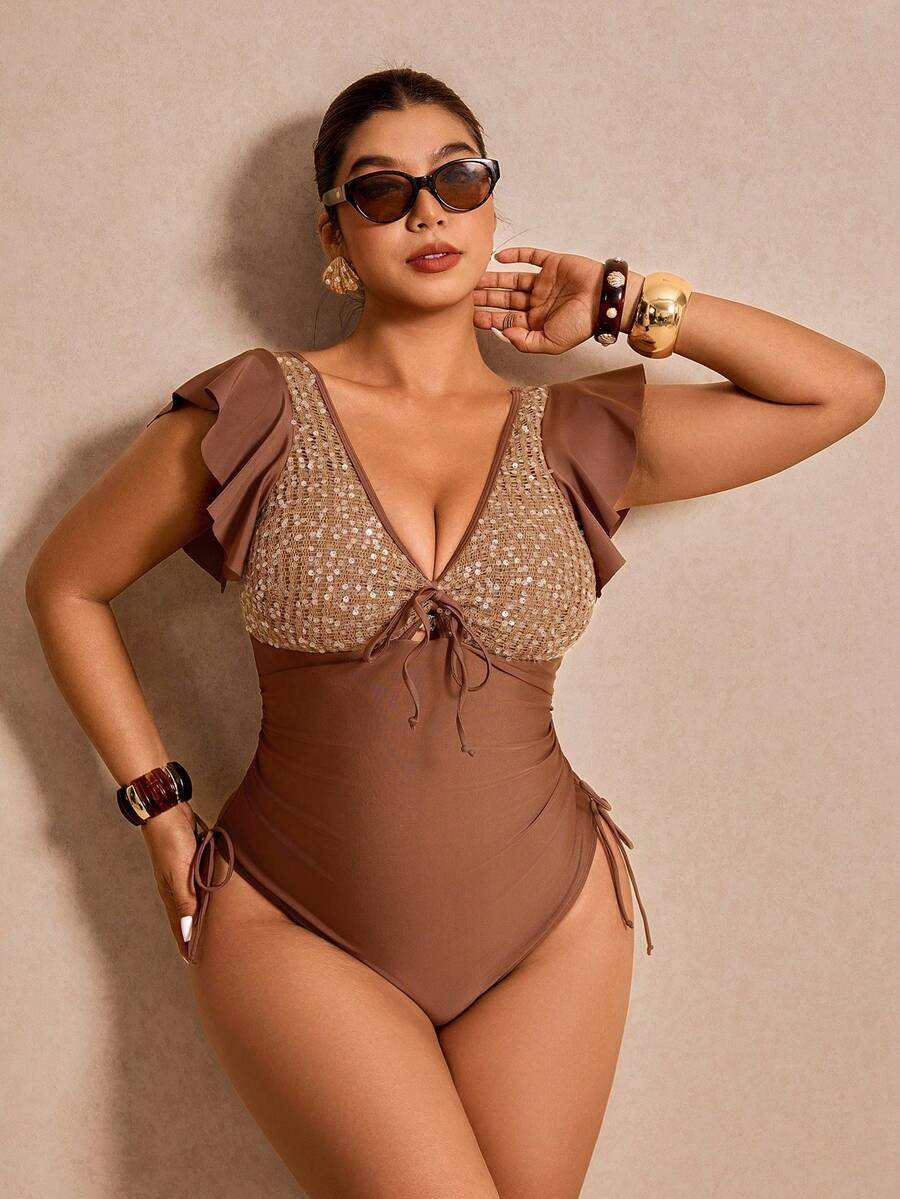 Elaquor Plus Size Women's Sequin Patchwork Front Tie Ruffle Sleeve One-Piece Swimsuit Summer Beach Vacation - Coffee Brown - View 1