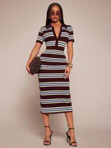 Radiana 夏季休闲时尚复古撞色条纹短袖Polo领修身连衣裙，咖啡棕色撞色条纹连衣裙，休闲连衣裙，中长款连衣裙，适合日常外出、都市生活、通勤、工作、办公室、商务、休闲聚会、度假穿着 - 彩色 - 查看 2