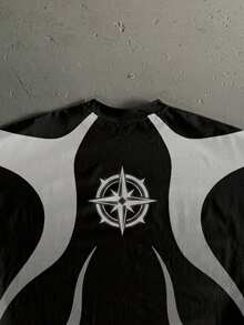 Manfinity ZONE917 Áo thun ngắn tay dáng rộng, cắt hộp, phong cách hip hop đường phố, phối màu đen trắng tương phản, họa tiết la bàn, dành cho những người yêu thích phong cách đường phố, quà tặng cho bạn trai, rapper. - Nhiều màu - Xem 2