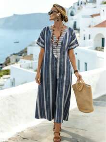 Linhara CURVE Vacation Style Striped Batwing Sleeve Loose Maxi Dress - Navy Blue - View 4