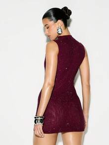 KIZN 酒红色热熔高领无袖亮片紧身迷你派对连衣裙 假日晚宴俱乐部 - 酒紅色 - 查看 2