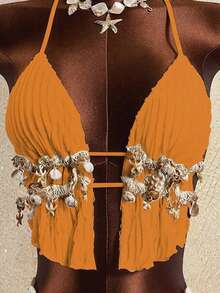 Zestiva Women's 2-Piece Wave Striped Shell Tape Tie Front Halter Bikini Set, Summer - Orange - View 6