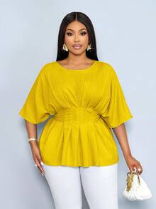 SOLERSUN Plus Size Women's Early Spring And Summer Dresses, Elegant Vacations, Casual Short Sleeves, Raglan Sleeves, Bat Sleeves, T-Shirts, Waist Belts, Woven Fabrics With Yellow Front Pleats, Daily Collocation, Shopping, Dating, Spring Break, Valentine's Day, And Fashionable Commuting. Yellow Summer Top Yellow Top Blouse Yellow Top For Women Elegant Blouse For Women Casual Elegant Latest Tops For Women New Arrivals - Mustard Yellow - View 5