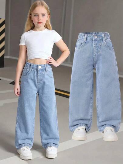 SHEIN Casuvi Kids Y2K 风少女日常通勤弹力腰直筒牛仔裤，带平口袋，适合日常、上学、校园、大学暑假穿着。