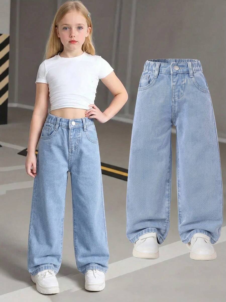 SHEIN Casuvi Kids Y2K 风少女日常通勤弹力腰直筒牛仔裤，带平口袋，适合日常、上学、校园、大学暑假穿着。 - 淺色水洗藍 - 查看 1