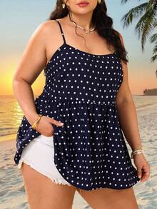 SHEIN CURVE+ Curve 尺码 US22 音乐节、海滨度假、波西米亚海军蓝波点编织吊带背心（女款） - 藍色 - 查看 5