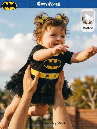 BATMAN X Cozy Pixies Pelele de manga corta y cuello redondo de punto suave de color contrastante para bebé recién nacido niño/niña