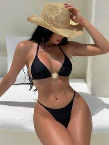 Swim SXY Summer Vacation Sexy Solid Color Metal Accessory Halter Backless Drawstring Triangle Cup Bikini Set - Black - View 3