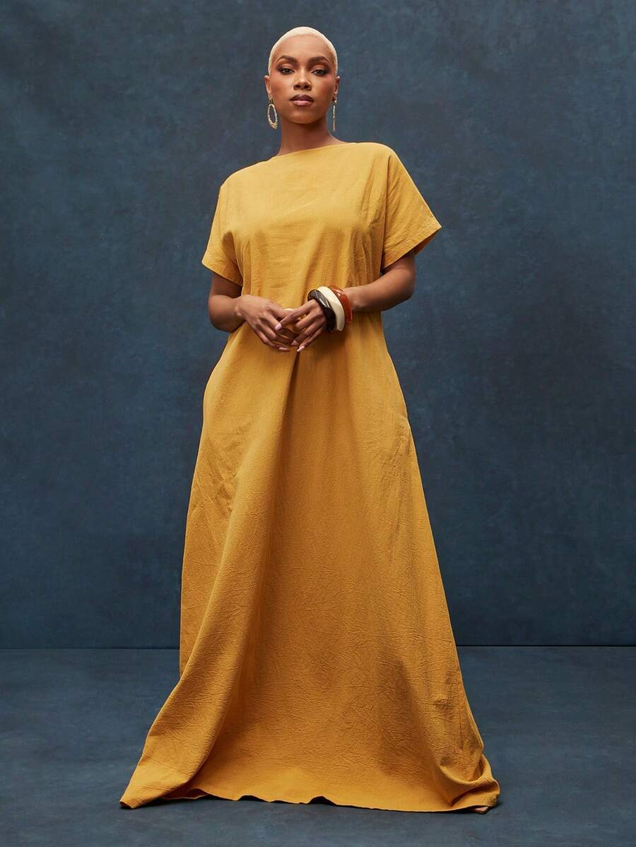 100% Cotton Cuffed Drop Shoulder Sleeve Deep Open V Neck Back Maxi Dress - Yellow - View 1
