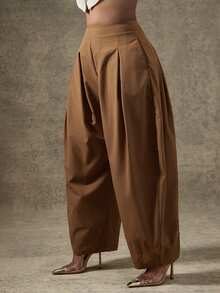 Vixey High Waist Pleated Detail Barrel Leg Office Pants, Office Work Wear - Brown - View 5