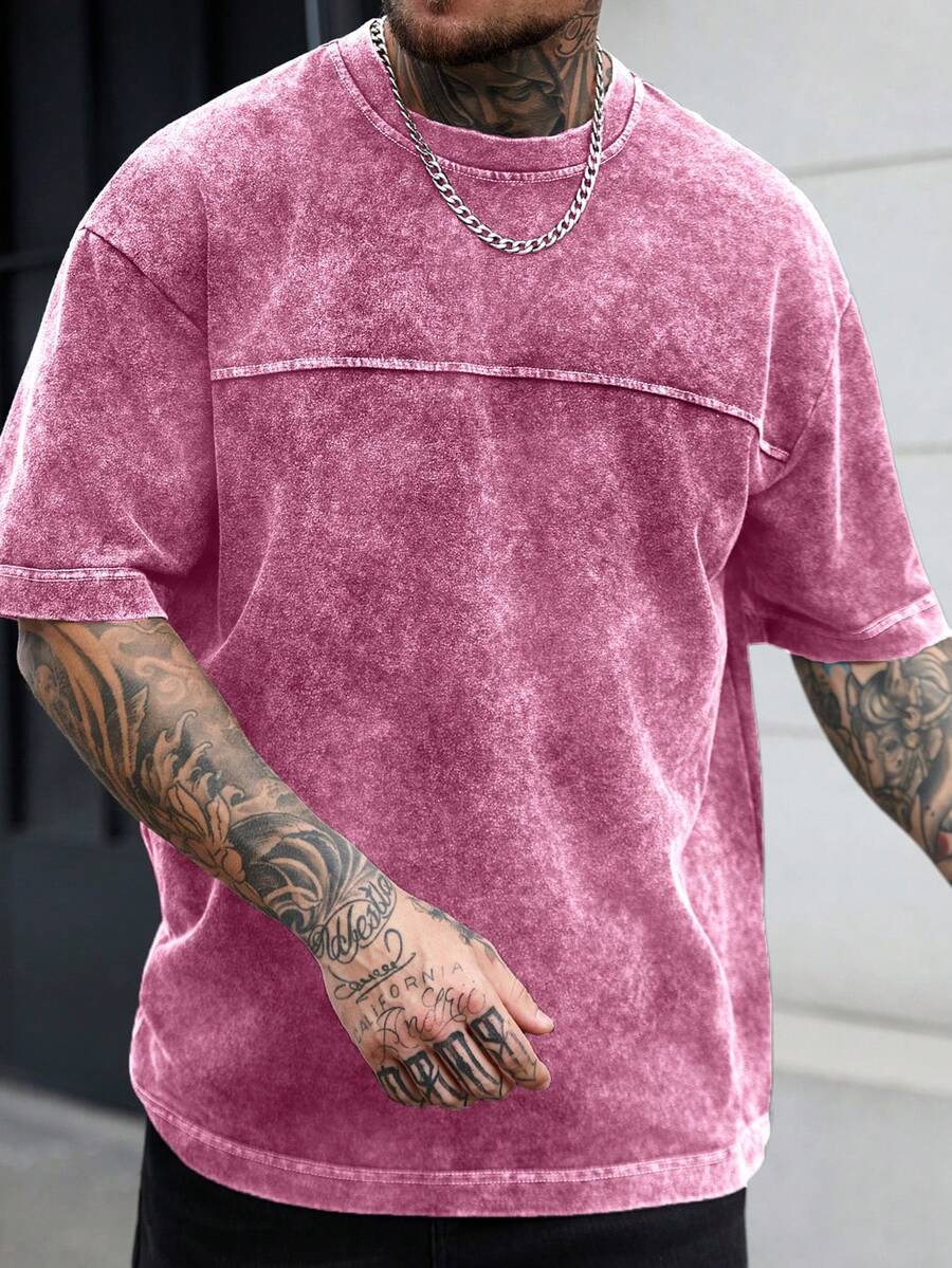 Manfinity CasualCool 男士休闲水洗复古T恤，夏季 - 玫紅色 - 查看 1