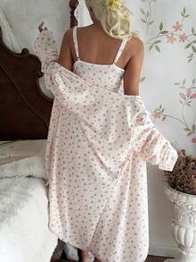 CottageSlumber 2pcs Women's Romantic Ditsy Floral Long Sleeve Robe And Camisole Lace Trim Bowknot Pajama Set - Multicolor - View 2