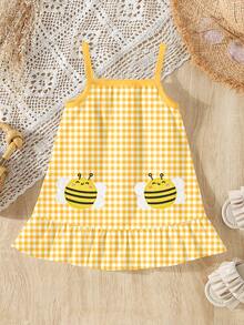 春夏女童休闲时尚创意个性清新可爱卡哇伊黄白格子蜜蜂图案印花无袖荷叶边连衣裙，舒适日常穿着 - 彩色 - 查看 6