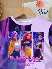 SHEIN 薰衣草色撞色，K-POP卡通女孩肖像及星星印花，少女休闲舒适宽松圆领短袖T恤和骑行短裤套装，适合春夏日常穿着、街头风、外出、居家、度假。 - 彩色 - 查看 4