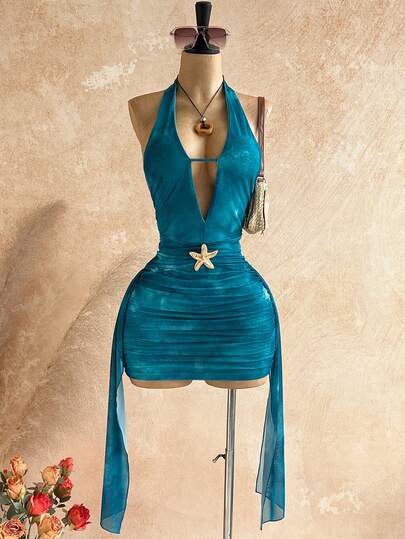 Soleia Women's Metal Decor Halter Tie Backless Pleated Elegant Cinched Waist Midi Dress For Party & Outing