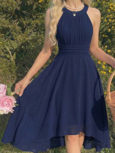 SHEIN A-Line Sleeveless Off-The-Shoulder Chiffon Dress For Big Girls, Featuring An Asymmetrical Design. Perfect As A Wedding Flower Girl Dress Or For Teen Pageants And Parties. This Elegant Princess-Style Dress With A Halter Neckline And Cinched Waist Highlights A Graceful And Charming Look!