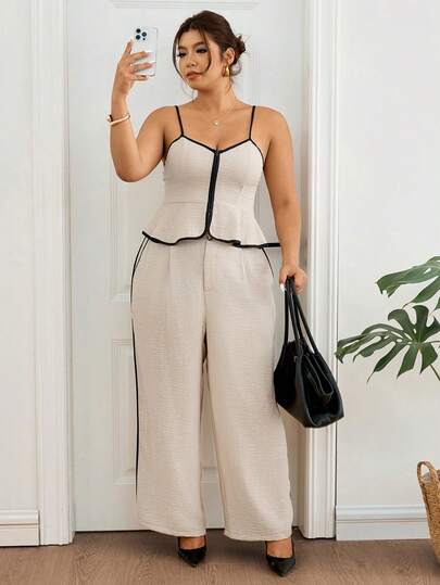 Lounesse Ensemble 2 pièces femme grande taille, couleur contrastée, tenue décontractée pour le travail et le quotidien, abricot