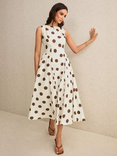 Poéselle 女士波点图案圆领无袖优雅连衣裙