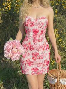 SHEIN MOD Women's Elegant Floral Print Lace Trim Fitted Tube Dress, Summer - Pink - View 3