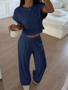 SHEIN EZwear 大码女式纯色蝙蝠袖短袖T恤和阔腿裤休闲两件套 - 淺灰色 - 查看 7