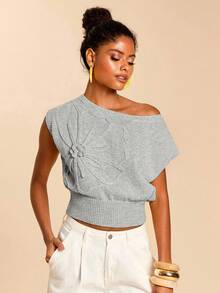 Travachic 女士休闲印花不对称领针织上衣，夏季 - 灰色 - 查看 6