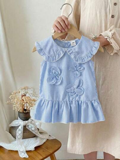 SHEIN 女童夏季连衣裙，可爱女婴连衣裙，彼得潘领，无袖公主裙