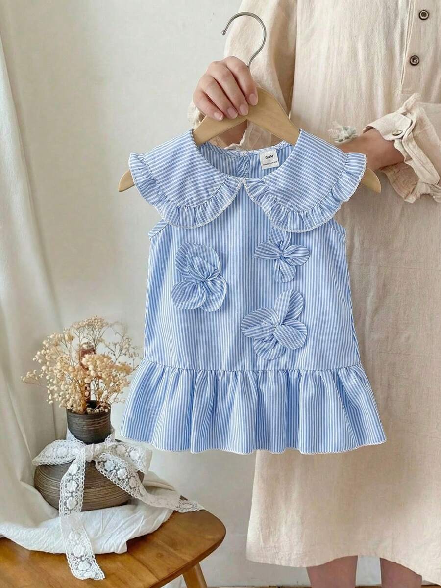 SHEIN 女童夏季连衣裙，可爱女婴连衣裙，彼得潘领，无袖公主裙 - 藍色 - 查看 1