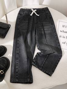 SHEIN Playful Pals Young Girl' Straight Leg Jeans,Comfortable Elastic Waist Design,Bow Decor,Leg Seam Detail,Black Washed Denim,Dark Blue,Summer,Daily Wear And Vacation - Black - View 3