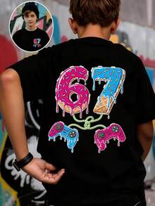 Boys' Casual Game Controller Graphic Print T-Shirt, Soft & Comfortable Fabric, Spring/Summer - Black - View 1