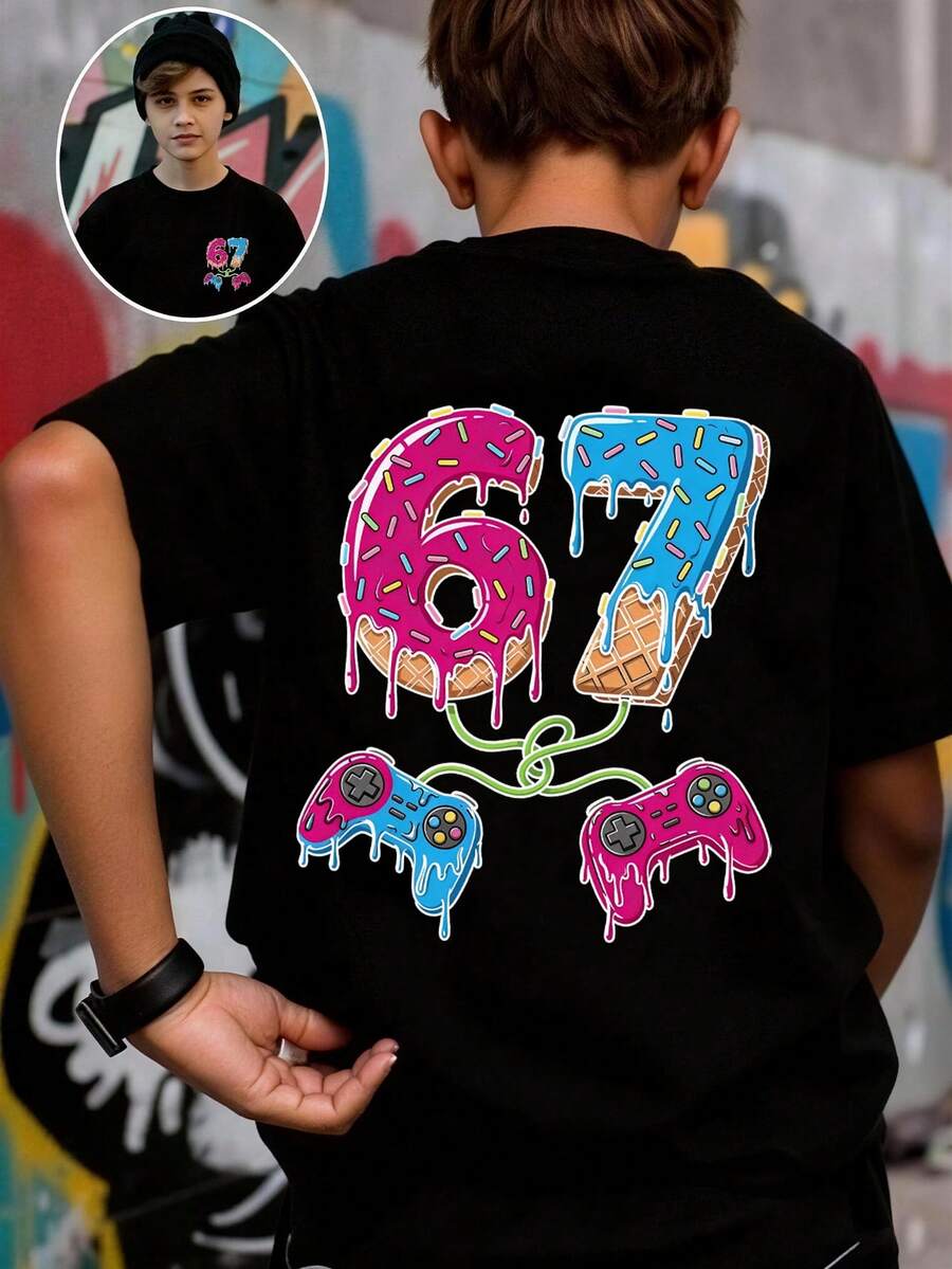 Boys' Casual Game Controller Graphic Print T-Shirt, Soft & Comfortable Fabric, Spring/Summer - Black - View 1