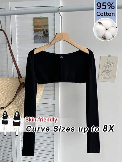 SHEIN CURVE+ Áo khoác bolero ngắn màu đen trơn, chất liệu 95% cotton dành cho nữ - Hoàn hảo cho yoga, phòng tập, ở nhà, đi học và mặc thường ngày.