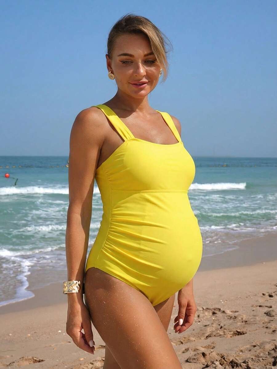 Swim Vcay Maternity Solid Color Ruched One-Piece Swimsuit For Vacation