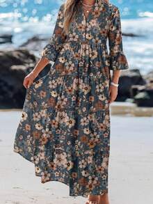 SHEIN LUNE Casual Retro Floral Pattern V-Neck Ruched Long Sleeve Dress For Women, Suitable Autumn Boho Cottagecore Fall Clothes Chic - Blue - View 5