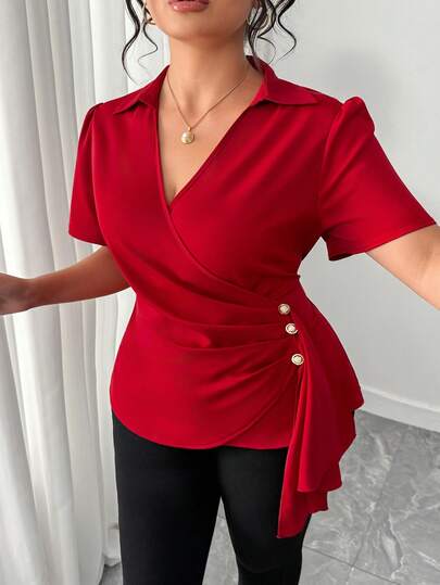 Elenzga 女士春夏酒红色短袖V领腰部装饰纽扣衬衫