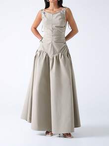 LYSMO 女士纯色圆领褶裥侧系腰带休闲无袖连衣裙 - 灰綠 - 查看 1