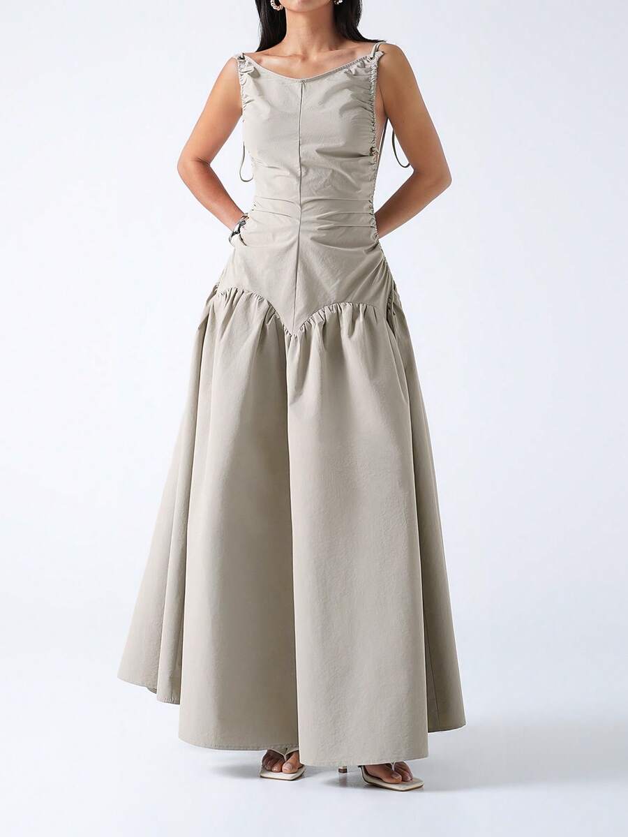 LYSMO 女士纯色圆领褶裥侧系腰带休闲无袖连衣裙 - 灰綠 - 查看 1