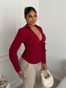 Maria Perezxox 性感领口侧系带修身女士长袖衬衫 - 酒紅色 - 查看 3