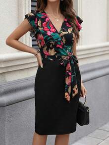 Ellevyn Women's Floral Print V-Neck Cap Sleeve Midi Dress, Elegant Holiday Wear  Women's Summer Outing/Commuting Elegant Retro Color Block Print Elastic Waist Tie Dress - Multicolor - View 4