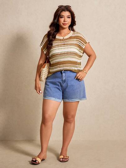 Elaquor 大码女式条纹镂空短袖休闲针织上衣