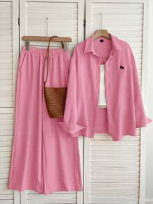 SHEIN EZwear Women's Knight Print Single-Breasted Long Sleeve Top And Wide-Leg Pants Casual Suit - Pink - View 6