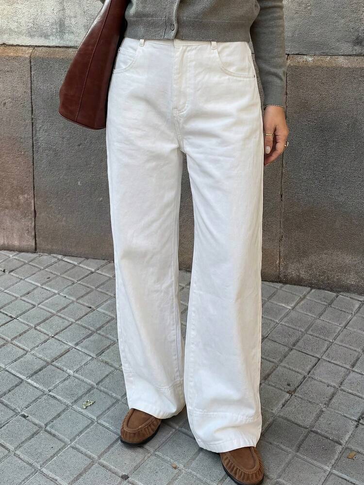 Women's Straight Leg Ankle Length Pants, Solid White Color, Casual & Elegant, Spring/Summer