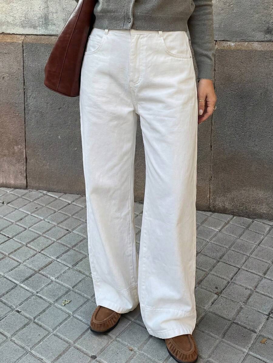 DAZY Pantalones rectos de longitud hasta el tobillo para mujer, color blanco sólido, casuales y elegantes, para primavera/verano - Blanco - Ver 1